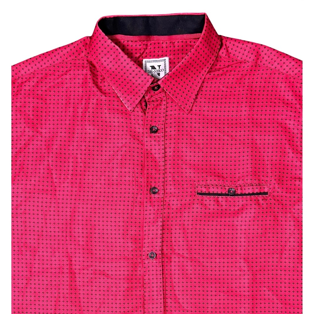 De-Niko Mens Red Black Geometric Print Modal Short Sleeve‎ Button Down Shirt Lg
